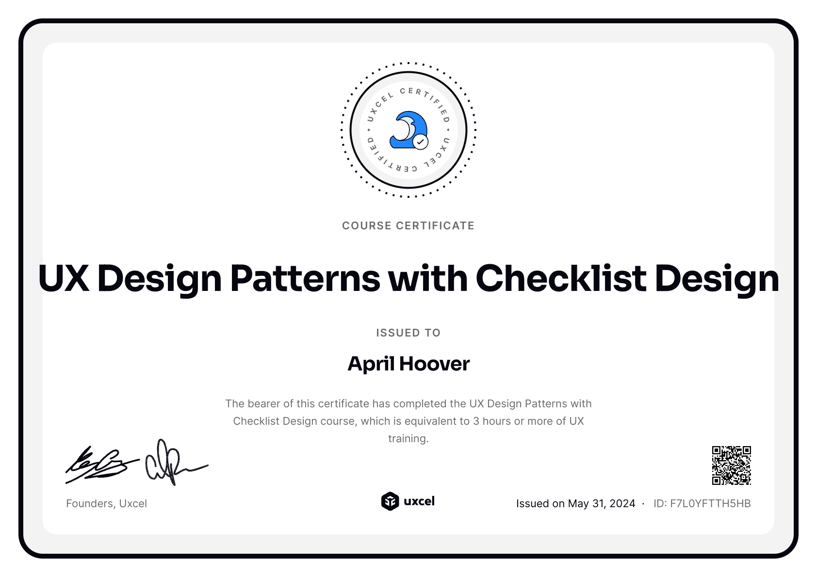 April Hoover's certificate